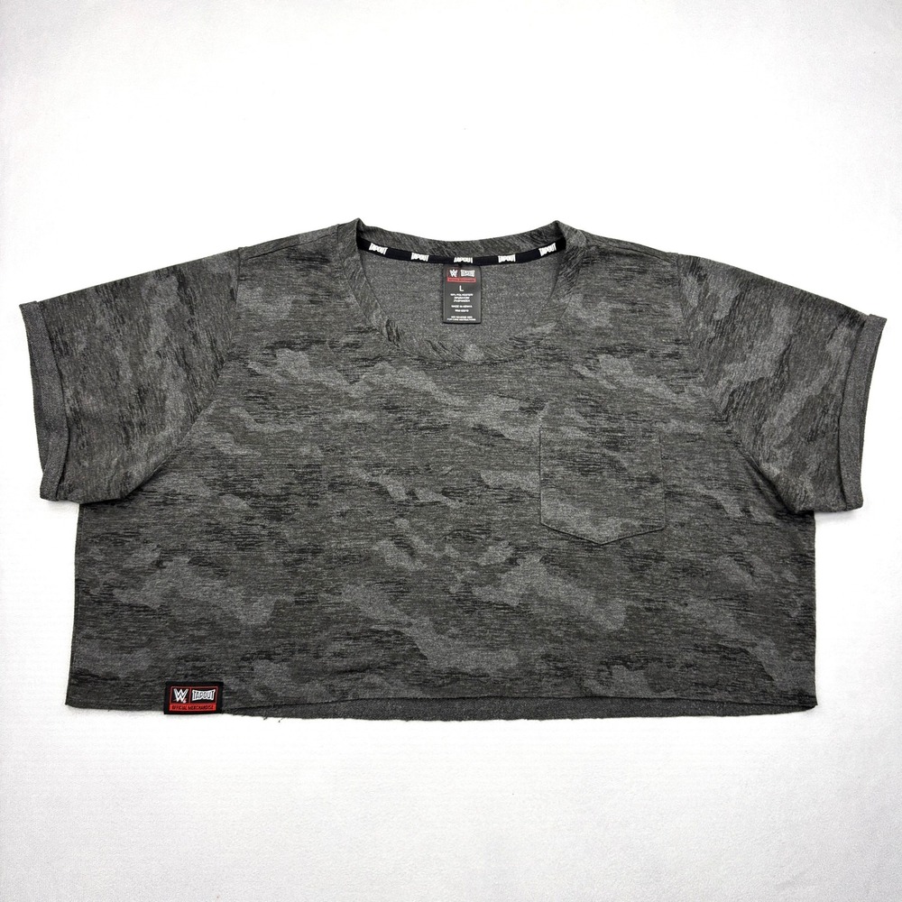 WWE Tapout Crop Top Womens Large Gray Camo Boxy Raw Hem T-Shirt Official Merch L
